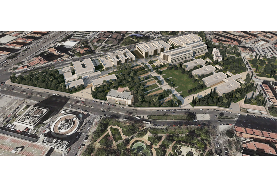 Vista aérea de un campus urbano con edificios modernos y áreas verdes.